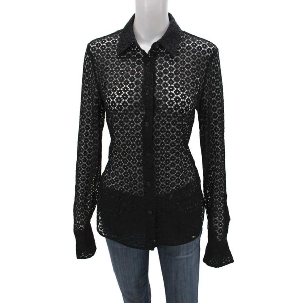Rag & Bone Women Collared Long Sleeve Black Geometric Floral Blouse Size 6